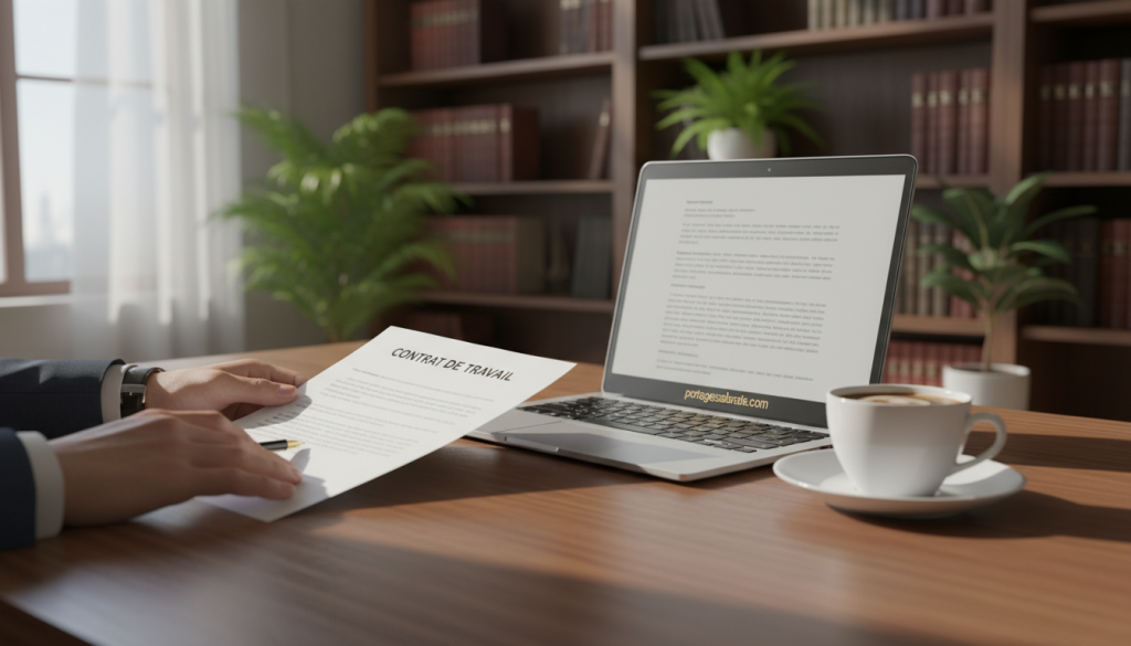 A detailed view of a professional setting featuring an open contract document labeled "Contrat de Travail" prominently on a polished wooden desk. In the foreground, a pair of hands, dressed in business attire, are reviewing the document with focused intensity. The middle ground includes a modern laptop and a cup of coffee, suggesting a productive work environment. In the background, shelves with legal books and potted plants create a calming atmosphere. Soft, natural lighting filters through a window, casting gentle shadows, enhancing the professionalism of the scene. The mood is serious yet inviting, emphasizing the importance of understanding employment contracts. Include the brand name "portagesalarials.com" subtly within the scene.