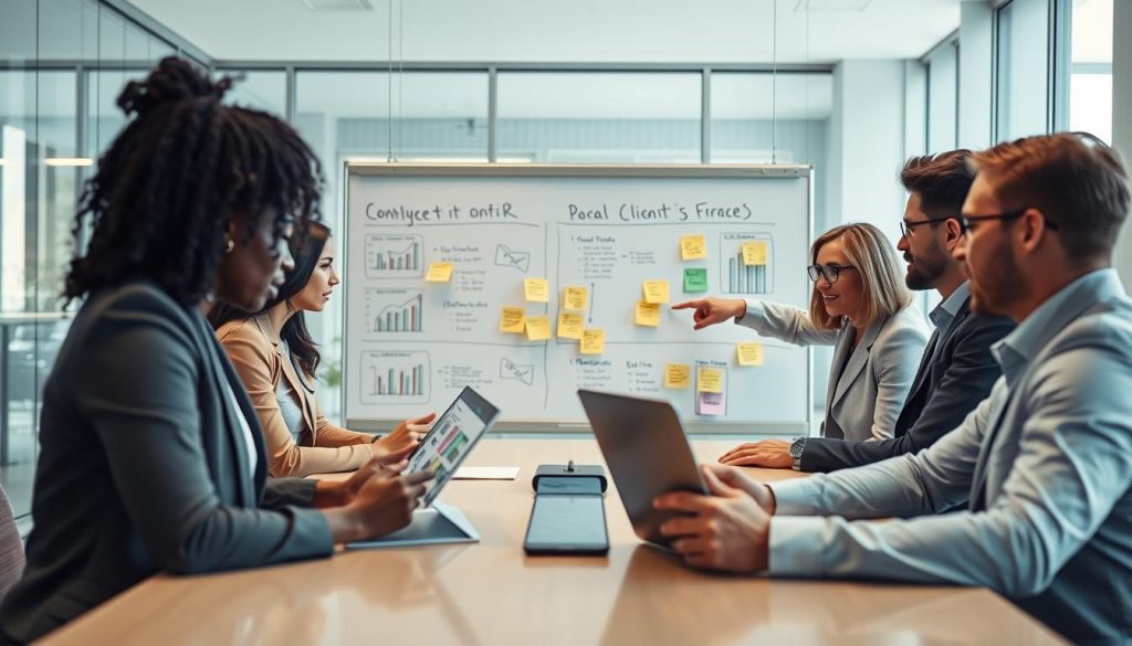 A detailed visual representation of a billing mechanism within a portage salarial framework, capturing professionals engaged in discussion around a modern conference table. In the foreground, a diverse group of individuals in professional business attire, including a Black woman analyzing charts on a laptop and a Caucasian man pointing at a digital tablet. The middle ground features a clear whiteboard displaying flowcharts and financial graphs, with post-it notes illustrating client billing processes. In the background, a contemporary office setting with large windows, allowing natural light to illuminate the space, highlighting a calm and focused atmosphere. The overall mood is one of productivity and collaboration, showcasing the principles and functioning of client billing in a portage salarial context, viewed from a slightly elevated angle for depth. A detailed visual representation of a billing mechanism within a portage salarial framework, capturing professionals engaged in discussion around a modern conference table. In the foreground, a diverse group of individuals in professional business attire, including a Black woman analyzing charts on a laptop and a Caucasian man pointing at a digital tablet. The middle ground features a clear whiteboard displaying flowcharts and financial graphs, with post-it notes illustrating client billing processes. In the background, a contemporary office setting with large windows, allowing natural light to illuminate the space, highlighting a calm and focused atmosphere. The overall mood is one of productivity and collaboration, showcasing the principles and functioning of client billing in a portage salarial context, viewed from a slightly elevated angle for depth.