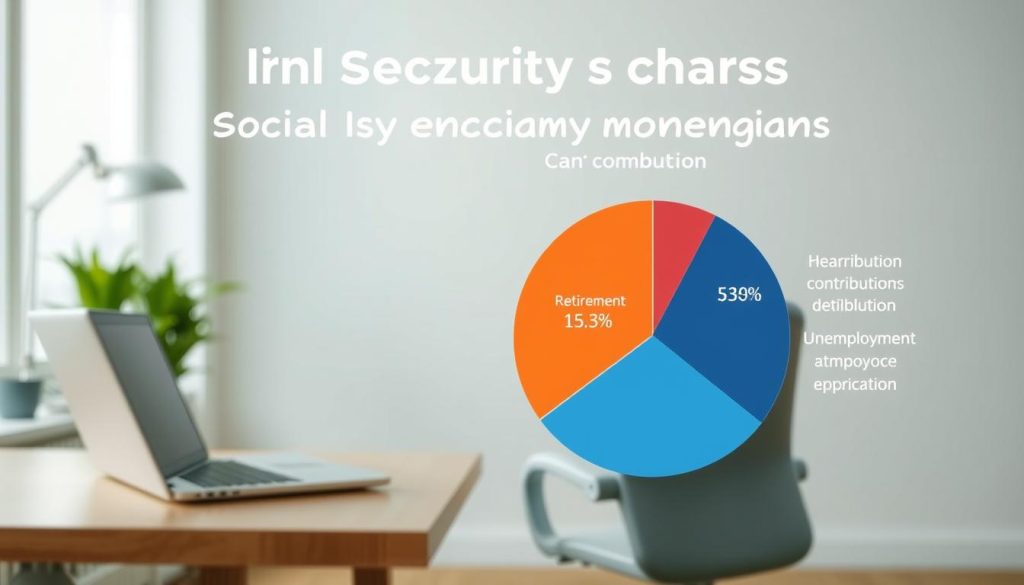 A detailed visual representation of the social security charges breakdown for a "Light Portage" salaried employee. In the foreground, a pie chart illustrates the various contribution components, such as retirement, health, and unemployment, with clear percentage breakdowns. The middle ground showcases a modern, minimalist office setting, with a sleek desk, a laptop, and a potted plant, creating a professional and organized atmosphere. The background features a soft, blurred gradient, adding depth and focus to the primary elements. The lighting is soft and diffused, creating a calm and informative ambiance. Captured at a slightly elevated angle, the overall composition conveys a sense of understanding and clarity around the complex topic of social security charges in the context of a "Light Portage" employment model.