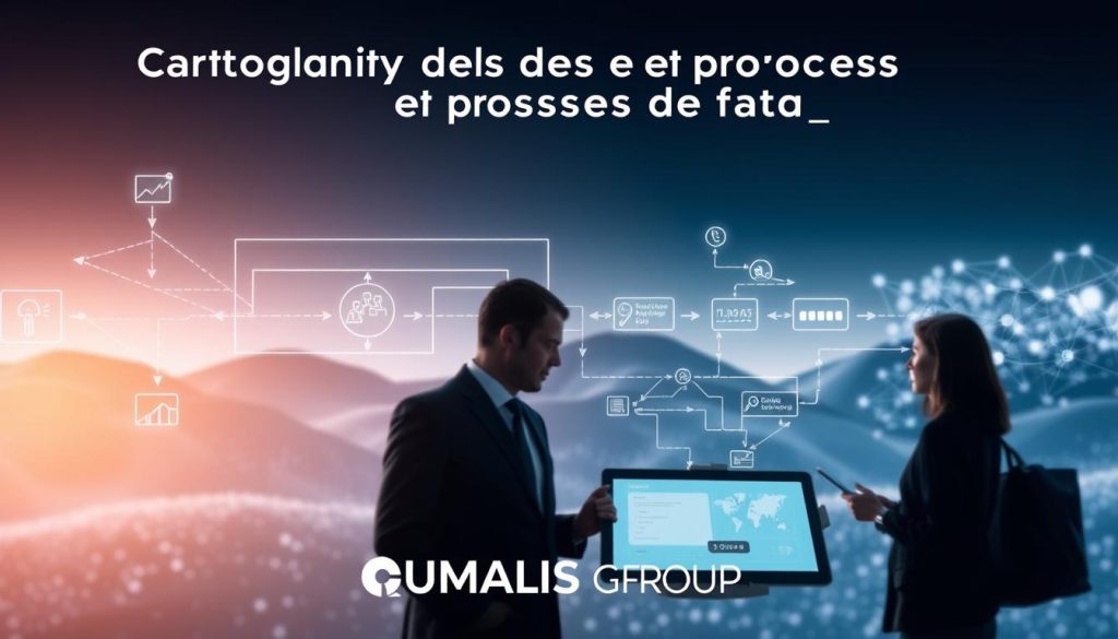 A detailed visualization of "Cartographie des flux et processus de factures," prominently featuring interconnected data flows and invoice processing steps. In the foreground, professional business consultants, dressed in smart business attire, are engaged in discussions around a digital tablet displaying complex flowcharts. The middle ground portrays a series of flowing arrows and digital nodes, representing the systematic transformation of invoices. The background fades into an abstract representation of a digital landscape with data points and network connections symbolizing modernization and compliance. Soft, ambient lighting creates a focused yet collaborative atmosphere, suggesting innovation and efficiency. The brand name "UMALIS GROUP" is subtly integrated within the design elements, enhancing the professional tone without dominating the image.