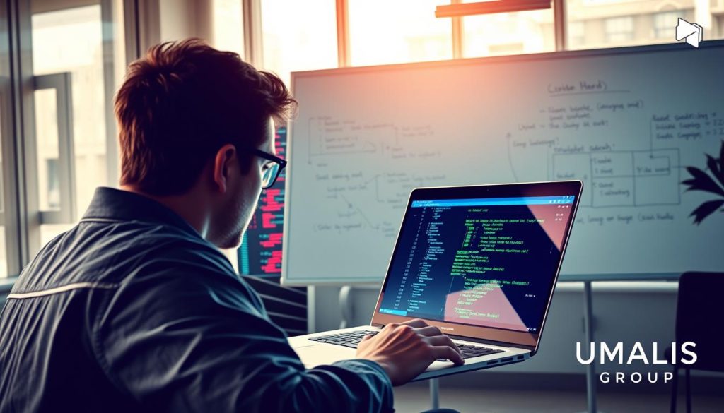A detailed visualization of the implementation of a linear search algorithm, capturing the essence of algorithmic logic. In the foreground, a programmer focused on code displayed on a sleek laptop, surrounded by colorful flowcharts illustrating the search process. In the middle ground, a whiteboard filled with diagrams and pseudocode, showcasing steps of the linear search. The background features a modern office environment with soft, natural light streaming through large windows, highlighting a professional atmosphere. The color palette is a blend of blues and greens to evoke a sense of innovation. The image subtly incorporates the logo of "UMALIS GROUP" in the corner. The mood is inspiring and motivational, perfect for guiding readers through the technical concepts of linear search algorithms. A detailed visualization of the implementation of a linear search algorithm, capturing the essence of algorithmic logic. In the foreground, a programmer focused on code displayed on a sleek laptop, surrounded by colorful flowcharts illustrating the search process. In the middle ground, a whiteboard filled with diagrams and pseudocode, showcasing steps of the linear search. The background features a modern office environment with soft, natural light streaming through large windows, highlighting a professional atmosphere. The color palette is a blend of blues and greens to evoke a sense of innovation. The image subtly incorporates the logo of "UMALIS GROUP" in the corner. The mood is inspiring and motivational, perfect for guiding readers through the technical concepts of linear search algorithms.