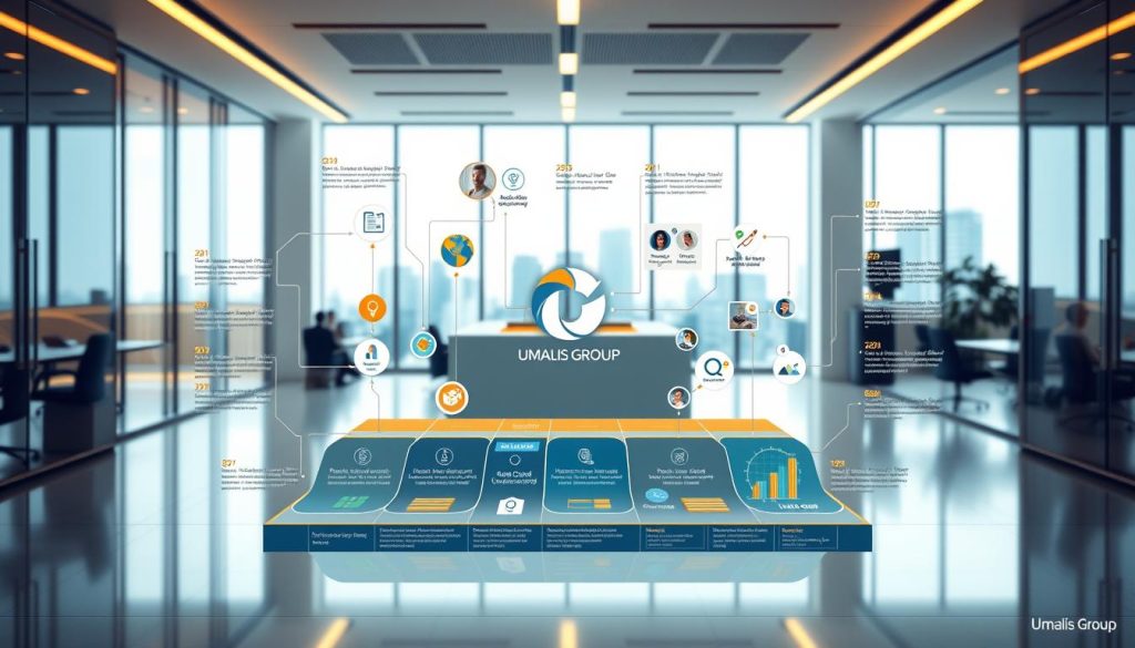 A detailed, visually striking illustration of a business value chain for the Umalis Group, showcasing the interconnected steps and processes that create sustainable competitive advantage. Set against a backdrop of a clean, modern office environment with floor-to-ceiling windows, warm lighting, and a sleek, minimalist aesthetic. The foreground features a bold, three-dimensional infographic depicting the key elements of the value chain, with icons, shapes, and lines in a cohesive, corporate color palette. The middle ground showcases the Umalis Group's logo and branding, seamlessly integrated into the overall design. The background hints at the broader business landscape, with subtle architectural details and a sense of depth and perspective, emphasizing the strategic importance of the value chain within the larger organizational context.