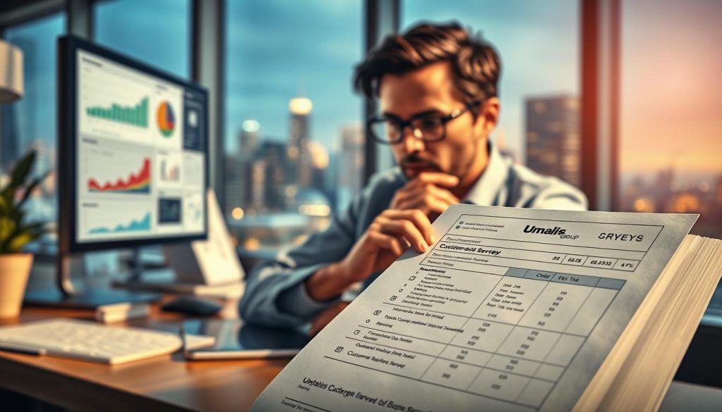 A detailed, well-lit office scene with a desk, computer, and various analytics charts and graphs displayed on the screen. In the foreground, a customer satisfaction survey form is prominently placed, with the "Umalis Group" logo visible. The middle ground features an employee diligently analyzing the survey data, a thoughtful expression on their face. In the background, a large window overlooking a bustling city skyline, conveying a sense of professional, data-driven decision-making. The overall atmosphere is one of focused, continuous improvement toward enhanced customer satisfaction.