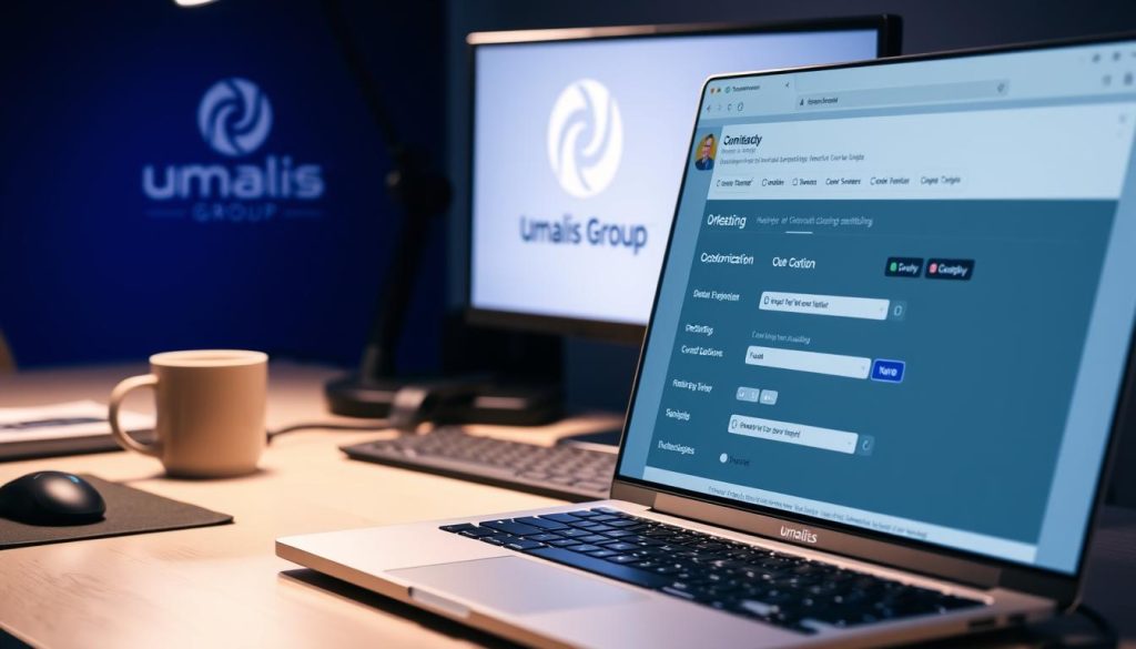 A detailed, well-lit profile setup screen for a freelance platform, showcasing optimization options. In the foreground, a laptop screen displays a profile customization interface with various customization tools and settings. In the middle ground, an ergonomic desk setup with a mouse, keyboard, and coffee mug creates a professional workspace ambiance. The background features the Umalis Group branding, conveying a sense of trust and authority. The overall scene projects a polished, efficient, and user-friendly profile setup experience for freelance professionals.