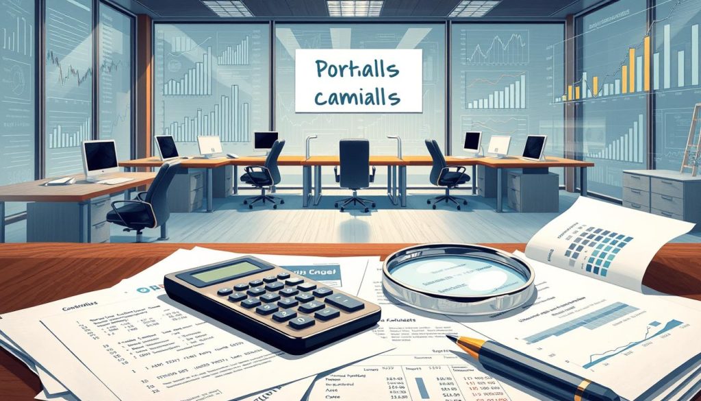 A detailed, well-organized illustration of the social security contributions in the context of salary portage, depicted through a digital painting style. The foreground showcases an array of financial documents, calculator, and a magnifying glass, symbolizing the intricate calculations involved. The middle ground features a corporate office setting with desks, chairs, and a Umalis Group logo, emphasizing the professional environment. The background incorporates a seamless blend of graphs, charts, and financial data visualizations, conveying the analytical and data-driven nature of the topic. The overall composition should evoke a sense of precision, complexity, and the impact of salary portage on social security contributions.