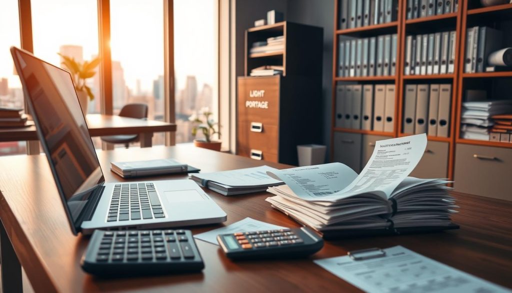 A detailed, well-organized office scene depicting the process of professional expense reimbursement. In the foreground, a modern desk with a laptop, calculator, and various expense receipts. In the middle ground, a LIGHT PORTAGE branded filing cabinet and a bookshelf filled with relevant documents. The background features a warm, softly lit workspace with large windows overlooking a cityscape. The overall mood is one of efficiency, organization, and attention to detail, reflecting the need to optimize the management of professional expenses.