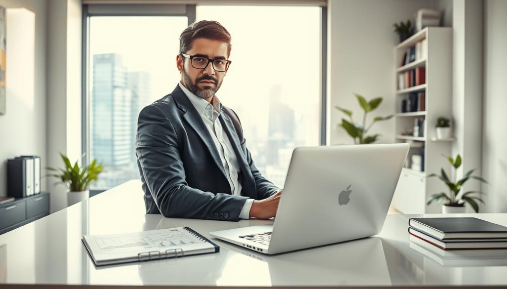 A determined professional in business attire sits at a sleek, modern desk in a well-lit, contemporary office space. In the foreground, a laptop displays graphs and project management tools, with a notepad filled with ideas and notes beside it. The middle ground shows a large window with a vibrant cityscape outside, symbolizing opportunities and independence. Soft, natural lighting filters in, creating a warm and inspiring atmosphere. In the background, bookshelves filled with business literature and plants add a touch of greenery. The overall mood is one of motivation and ambition, reflecting the journey of launching and growing an independent career through portage salarial. The composition is well-balanced, shot at a slightly elevated angle to emphasize the energetic workspace. A determined professional in business attire sits at a sleek, modern desk in a well-lit, contemporary office space. In the foreground, a laptop displays graphs and project management tools, with a notepad filled with ideas and notes beside it. The middle ground shows a large window with a vibrant cityscape outside, symbolizing opportunities and independence. Soft, natural lighting filters in, creating a warm and inspiring atmosphere. In the background, bookshelves filled with business literature and plants add a touch of greenery. The overall mood is one of motivation and ambition, reflecting the journey of launching and growing an independent career through portage salarial. The composition is well-balanced, shot at a slightly elevated angle to emphasize the energetic workspace.