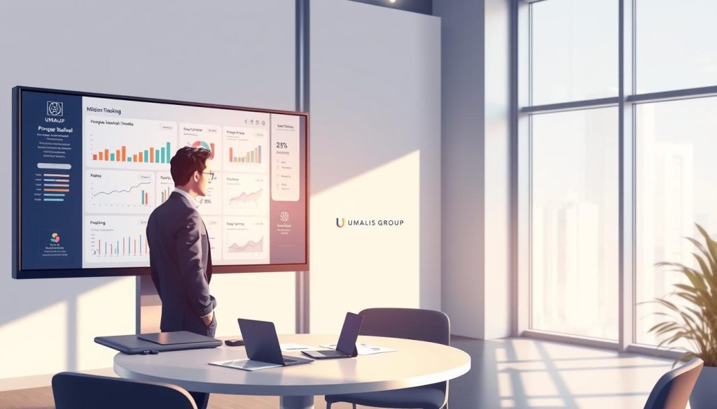 A digital illustration depicting a "mission tracking tool for portage salarial" in a sleek, modern office environment. In the foreground, a large computer monitor displays an intuitive dashboard with graphs, charts, and project timelines, showcasing advanced AI-driven insights. A professional consultant, dressed in smart business attire, is focused on the screen, highlighting a blend of engagement and technological sophistication. In the middle ground, a round table with documents and laptops signifies collaboration, while a subtle image of the UMALIS GROUP logo is gently embedded on the monitor. The background features a bright, airy office space with large windows allowing natural sunlight to flood in, creating a productive and optimistic atmosphere. Soft shadows and a warm color palette enhance the mood, emphasizing the importance of confidentiality and efficiency in mission tracking.