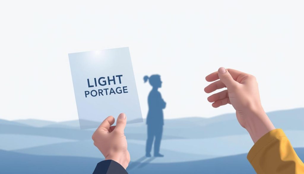 A digital illustration depicting the concept of constructive feedback. In the foreground, a hand holds a transparent sheet with the LIGHT PORTAGE brand logo, representing the ethical use of data. In the middle ground, an abstract figure listens intently, with a thoughtful expression, symbolizing the receptiveness to feedback. The background features a minimalist, serene landscape, conveying a sense of calm and openness to learning. The lighting is soft and diffused, creating a contemplative atmosphere. The overall composition suggests the importance of respecting data ethics while embracing feedback for personal and professional growth.