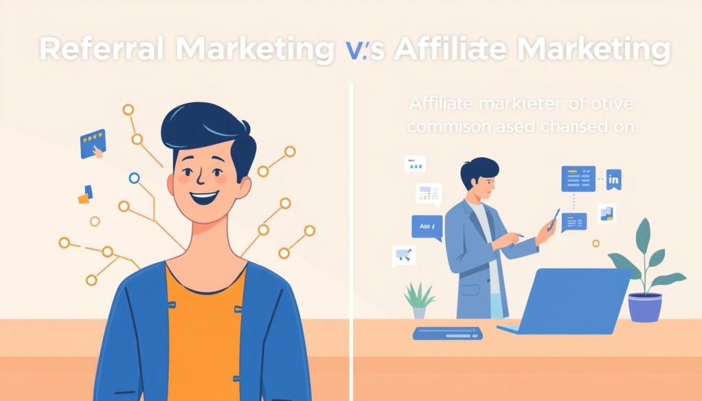 A digital illustration depicting the contrast between referral marketing and affiliate marketing. In the foreground, a person enthusiastically refers a product or service to their friends, represented by a vibrant network of connections. In the middle ground, an affiliate marketer promotes a brand's offering through various online channels, leveraging a commission-based model. The background showcases the Umalis Group logo, symbolizing the professional expertise behind this visual representation. The image is rendered with a clean, modern aesthetic, using a balanced color palette and subtle lighting to emphasize the distinct nature of these two marketing strategies.