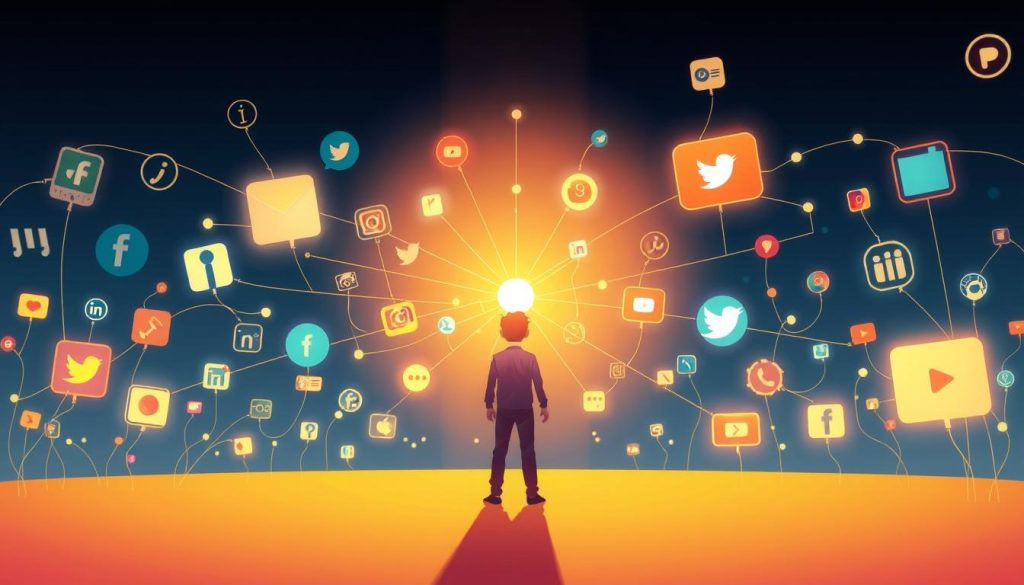 A digital landscape of social media presence, with a central figure standing amidst a network of interconnected platforms. Bright, warm lighting illuminates the scene, casting a sense of energy and engagement. The figure, positioned in the foreground, is surrounded by various social media icons and symbols, representing the diverse channels for online visibility and interaction. In the middle ground, a web of lines and connections weaves between the platforms, conveying the intricate relationships and interdependencies of a robust digital presence. The background features a subtle gradient, adding depth and a sense of the expansive digital realm. The overall composition should evoke a balanced, harmonious, and visually compelling representation of leveraging digital marketing and social media for personal branding and career advancement.