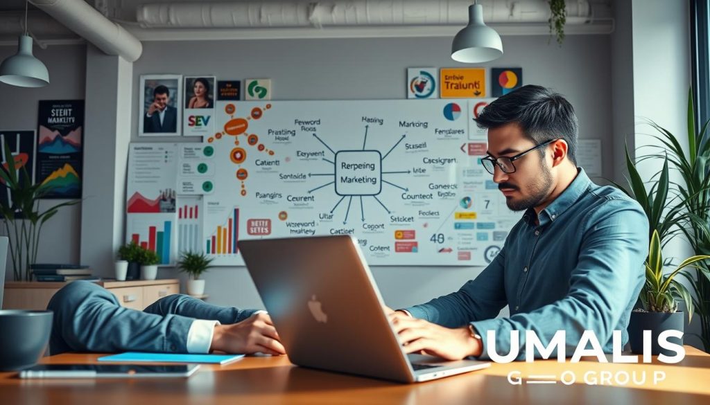 A digital marketing strategist's workspace filled with vibrant, engaging elements that reflect "Stratégies de Référencement et Marketing Digital". In the foreground, a focused professional in business attire works intently on a laptop, surrounded by colorful charts and graphs symbolizing website analytics. In the middle ground, a large whiteboard displays mind maps and strategies for SEO and digital marketing, showcasing key terms like "keyword optimization" and "content strategy". The background reveals a modern office environment with motivational posters and plants, enhancing creativity. The lighting is bright and inviting, evoking inspiration and collaboration. The composition highlights a sense of innovation and determination, with the brand name "UMALIS GROUP" subtly integrated into the design.