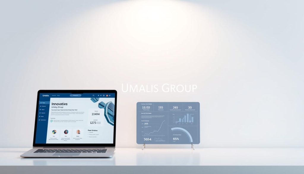 A digital platform showcasing the innovative "Umalis Group" services, set against a clean, minimalist backdrop. The foreground features a sleek, responsive web interface with intuitive navigation and an elegant color palette. In the middle ground, data visualizations and interactive infographics highlight the platform's technological capabilities. The background subtly conveys a sense of professionalism and modernity through subtle gradients and geometric patterns. The lighting is soft and diffused, creating a welcoming and approachable atmosphere. This image aims to capture the digital elegance and technological sophistication of the "Umalis Group" platform.