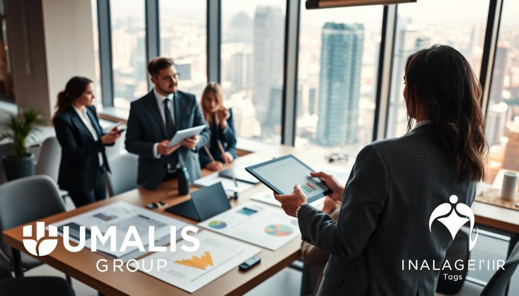 A digital project manager expertly orchestrating a dynamic team in a modern office setting. In the foreground, a confident individual in a tailored suit, holding a tablet, demonstrating leadership and vision. The middle ground features diverse team members collaborating around a large table covered with digital devices, charts, and project plans, all actively engaged in discussion. In the background, large windows showcase a vibrant city skyline, with warm, natural light streaming in, creating an inviting atmosphere. The scene conveys a sense of collaboration and innovation, embodying the essence of project management. The overall mood is professional yet inspiring, reflecting the role of a digital project manager as a conductor of success. UMALIS GROUP logo subtly integrated into the workspace elements. A digital project manager expertly orchestrating a dynamic team in a modern office setting. In the foreground, a confident individual in a tailored suit, holding a tablet, demonstrating leadership and vision. The middle ground features diverse team members collaborating around a large table covered with digital devices, charts, and project plans, all actively engaged in discussion. In the background, large windows showcase a vibrant city skyline, with warm, natural light streaming in, creating an inviting atmosphere. The scene conveys a sense of collaboration and innovation, embodying the essence of project management. The overall mood is professional yet inspiring, reflecting the role of a digital project manager as a conductor of success. UMALIS GROUP logo subtly integrated into the workspace elements.