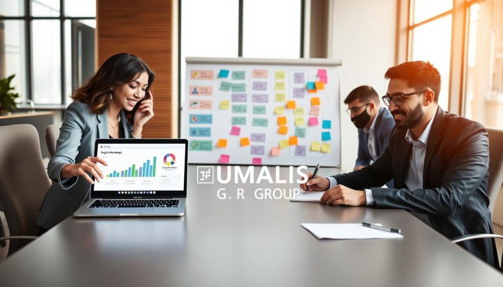 A digital strategy planning scene featuring a diverse group of four professionals sitting around a sleek conference table. In the foreground, a woman in a smart blazer gestures towards a laptop displaying graphs and strategy diagrams, while a man with glasses takes notes. The middle ground showcases a large whiteboard filled with colorful sticky notes and flowcharts outlining digital marketing phases. The background includes a modern office with floor-to-ceiling windows letting in bright, natural light, creating a warm and inviting atmosphere. The mood is collaborative and focused, emphasizing teamwork in developing an effective online presence. The UMALIS GROUP logo is subtly integrated within the environment, perhaps on a notepad or laptop screen.