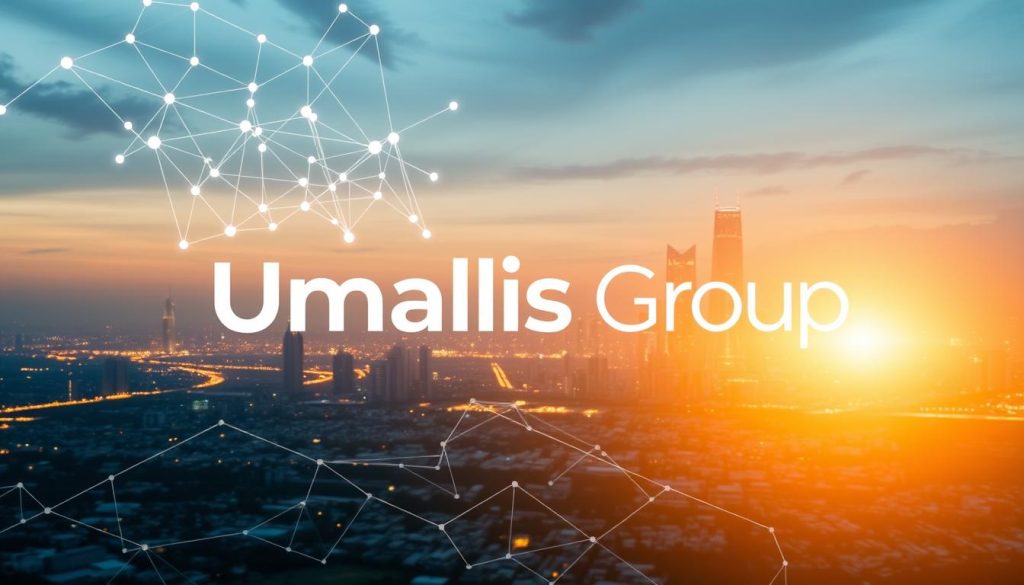 A digital transformation landscape, with the "Umalis Group" logo prominently displayed in the foreground. The scene is bathed in a soft, warm light, creating a sense of progress and innovation. In the middle ground, a network of interconnected nodes and lines represent the flow of data and information, while in the background, a cityscape with towering skyscrapers symbolizes the scale and impact of this transformation. The image conveys a sense of dynamism, connectivity, and the strategic importance of embracing digital change.