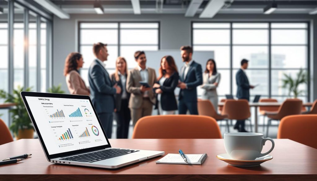 A digital workspace illustration showcasing an online salary portability platform named "UMALIS GROUP". In the foreground, depict a sleek laptop open to a user-friendly interface with graphs and statistics related to salary management, surrounded by office supplies like a notepad and a cup of coffee. The middle ground features a diverse group of professional individuals dressed in business attire, engaged in discussion and collaboration, conveying a productive atmosphere. In the background, a modern office environment with large windows allowing natural light to flood the space. The lighting should be bright, emphasizing an atmosphere of innovation and efficiency. The overall mood is dynamic and optimistic, reflecting the benefits of digital solutions in professional mobility.