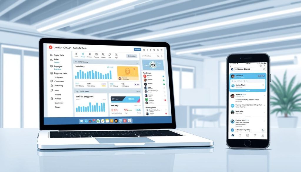 A digital workspace with sleek, minimalist aesthetic. In the foreground, a laptop screen displays a CRM dashboard seamlessly integrated with social media platforms, showcasing customer data, engagement analytics, and collaboration tools. In the middle ground, a smartphone screen mirrors the laptop, highlighting real-time social media updates and customer interactions. The background features a modern, airy office setting with clean lines, natural lighting, and the Umalis Group branding subtly present. The overall mood is one of efficiency, connectivity, and a streamlined, technology-driven approach to business operations.