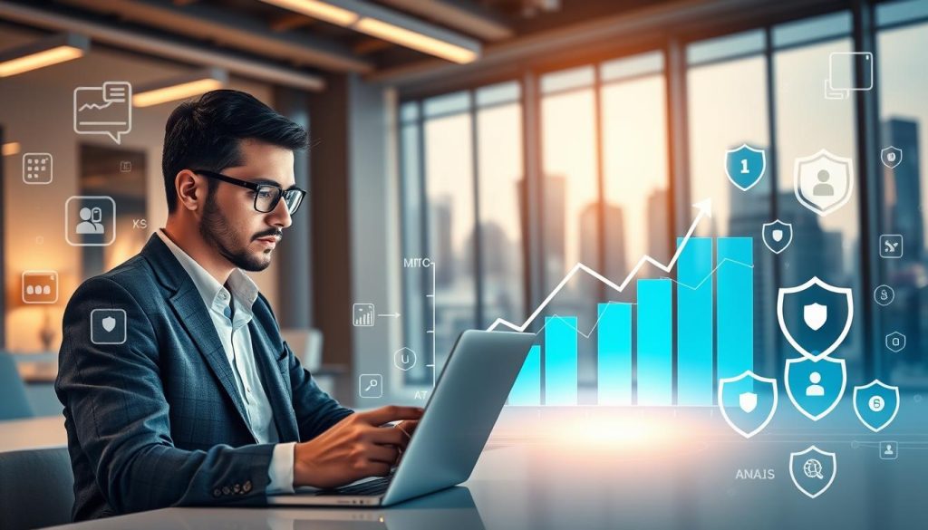 A digitally rendered scene depicting tools and icons representing e-reputation management, such as graphs, analytics, shields, and digital devices. In the foreground, a confident professional wearing business attire is analyzing data on a laptop, focusing on various metrics. The middle ground includes a chart with upward trends alongside protective symbols, emphasizing measurement and adjustment. In the background, a modern office space filled with soft, ambient lighting creates a productive atmosphere, with large windows showing a city skyline. The overall mood is dynamic and forward-thinking, highlighting the essence of monitoring and enhancing online visibility. Incorporate the brand name "UMALIS GROUP" subtly within the design, blending it into the professional setting.