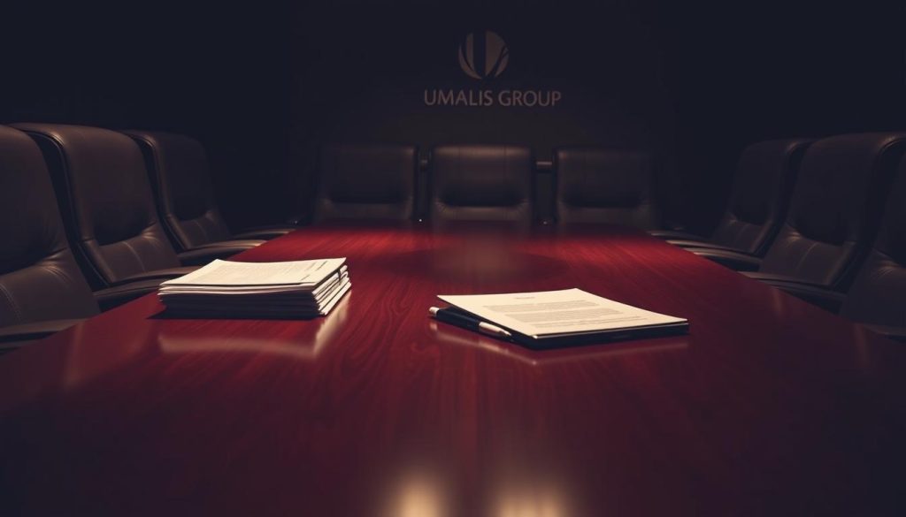 A dimly lit boardroom table, surrounded by leather chairs. On the table, a stack of documents and a laptop, suggesting an in-depth discussion of a management transition case study. Muted colors, with warm lighting casting a reflective glow on the polished wood surface. In the background, the Umalis Group logo is visible, indicating this is a professional consulting environment. The overall atmosphere is one of serious consideration and analysis, capturing the essence of the "Études de cas et retours d'expérience" section. A dimly lit boardroom table, surrounded by leather chairs. On the table, a stack of documents and a laptop, suggesting an in-depth discussion of a management transition case study. Muted colors, with warm lighting casting a reflective glow on the polished wood surface. In the background, the Umalis Group logo is visible, indicating this is a professional consulting environment. The overall atmosphere is one of serious consideration and analysis, capturing the essence of the "Études de cas et retours d'expérience" section.