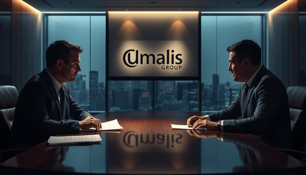 A dimly lit conference room, the Umalis Group logo prominently displayed on the far wall. Two businesspeople, brows furrowed, sit across a polished mahogany table, papers scattered between them. Tension fills the air, shadows cast by harsh overhead lighting accentuating the conflict. In the background, a large window looks out onto a bustling city skyline, a visual metaphor for the complexities of corporate agreements. The scene conveys the unease and uncertainty inherent in contract disputes, a pivotal moment in the negotiation process.