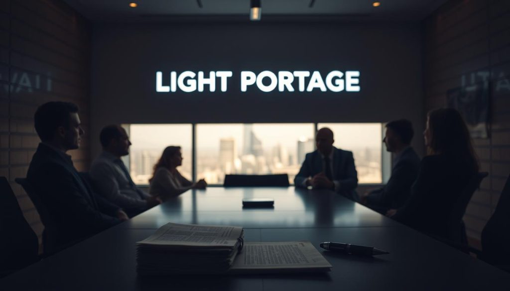 A dimly lit conference room, where a group of professionals gather around a sleek, rectangular table. The LIGHT PORTAGE logo is prominently displayed on the wall behind them. In the foreground, a stack of documents and a pen lie on the table, symbolizing the discussion of ethical standards. The lighting is warm and muted, creating a thoughtful, introspective atmosphere. The professionals, dressed in business attire, are engaged in a serious conversation, their expressions focused and attentive. The middle ground features a large window overlooking a cityscape, hinting at the broader context and impact of their decisions. The background blurs into a soft, dreamlike quality, suggesting the complexity and nuance of the topic at hand.