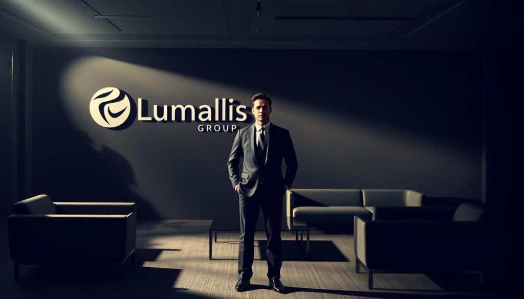 A dimly lit corporate office, the Umalis Group logo emblazoned on the wall. Sleek, modern furniture casts long shadows, creating a sense of security and authority. In the foreground, a lone figure, dressed in a crisp, tailored suit, stands with a calm, resolute expression, symbolizing the legal and compliance aspects of the "sécurité" concept. The background is hazy, with a subtle play of light and shadow, conveying a sense of professionalism and attention to detail. The overall atmosphere is one of controlled power and unwavering commitment to regulations and obligations.