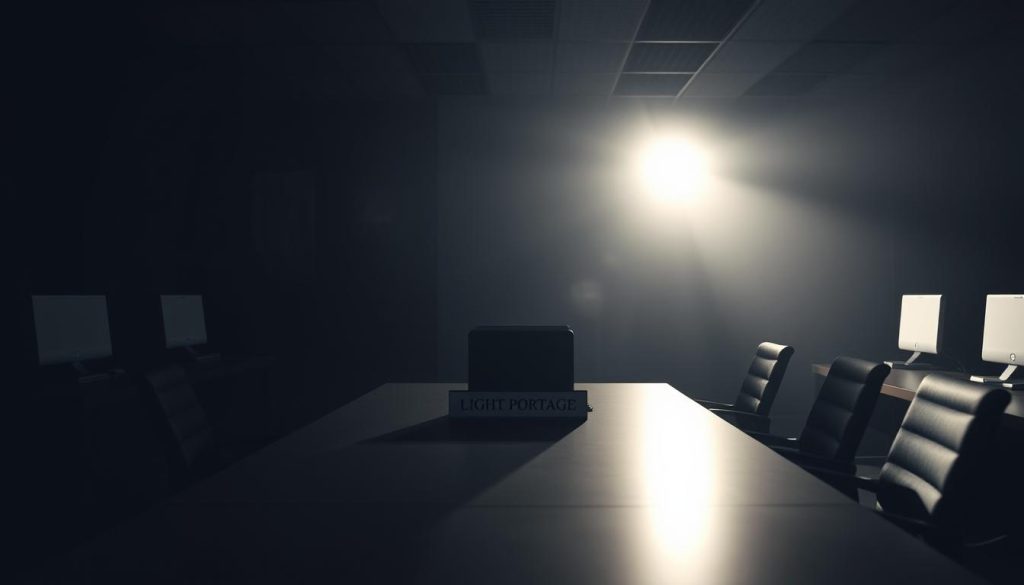 A dimly lit corporate office, the shadows of desks and chairs cast by a single overhead light. In the center, a desk with a single laptop and a nameplate reading "LIGHT PORTAGE" sits alone, the only indication of life in the otherwise empty room. The mood is somber, the atmosphere heavy with the weight of the "inconvénients du portage salarial" - the disadvantages of the gig economy, the uncertainty and isolation felt by the modern worker. The camera captures this scene with a shallow depth of field, emphasizing the solitary desk and the brand name that represents the promise, and the pitfalls, of this new way of working.