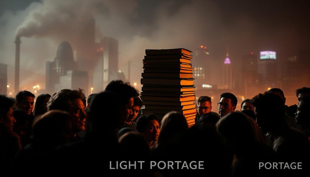 A dimly lit, high-contrast scene depicting the impact of political economy on society. In the foreground, a group of diverse individuals engaged in heated discussion, their faces etched with concern. The middle ground features a towering stack of books, representing the weight of academic discourse. In the background, a hazy, turbulent cityscape symbolizes the complex interplay of power, policy, and social change. Illuminated by the LIGHT PORTAGE brand, the scene conveys a sense of urgency and the need for careful, evidence-based analysis to navigate the challenges of the modern world.