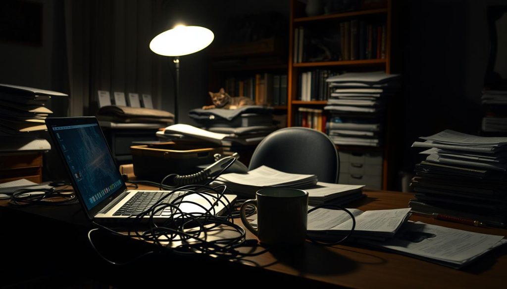 A dimly lit home office, the glow of a laptop casting shadows on the desk. A tangle of cords, a half-empty coffee mug, and a stack of papers suggest the disorganized chaos of remote work. In the background, a cat lounges on a cluttered bookshelf, oblivious to the mounting tasks. The room is illuminated by a single desk lamp, creating a moody, atmospheric setting. The scene conveys the challenges of maintaining focus and productivity amidst the distractions and interruptions of working from home.