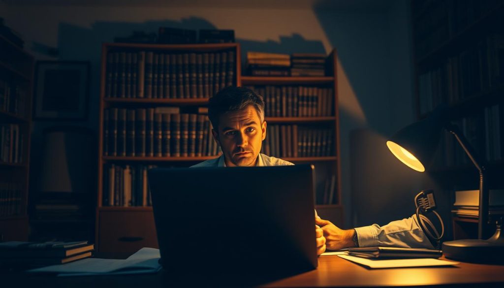 A dimly lit home office, where a freelance worker ponders ethical dilemmas. In the foreground, a desk with a Light Portage laptop, papers, and a pensive expression. In the middle ground, bookshelves filled with legal and philosophical tomes, casting shadows. The background is hazy, suggesting the complex, introspective nature of the subject. Soft, warm lighting creates a contemplative atmosphere, as the freelancer grapples with the unique ethical challenges of their independent profession.