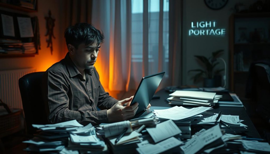 A dimly lit home office, with an overworked freelance worker sitting at a desk, laptop in hand, surrounded by a pile of unpaid bills and financial documents. The lighting is warm and soft, creating a sense of weariness and frustration. The worker's face is partially obscured, suggesting the emotional toll of their precarious situation. In the background, a "LIGHT PORTAGE" logo is visible, hinting at the need for a solution to this freelance unemployment crisis. The overall atmosphere conveys the uncertainty and stress faced by independent workers during periods of economic uncertainty.