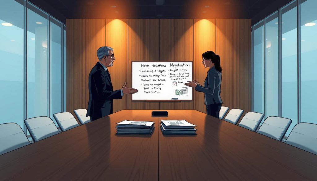 A dimly lit, modern conference room with a large wooden table. In the foreground, two businesspeople engaged in animated discussion, gesturing towards a stack of documents. The middle ground features a large whiteboard with handwritten notes on negotiation strategies. In the background, the room is bathed in warm, soft lighting, creating an atmosphere of thoughtful deliberation. The scene conveys a sense of serious negotiation, with an air of professionalism and careful consideration of the contract terms.