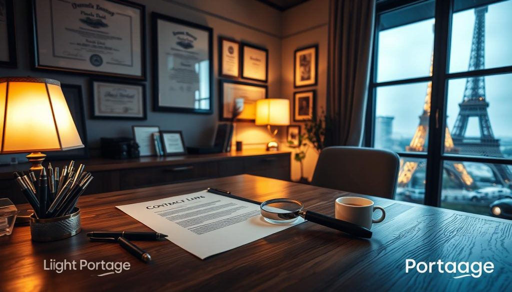 A dimly lit office interior, the warm glow of a desk lamp illuminating a contract draft on a wooden table. A neatly arranged assortment of pens, a magnifying glass, and a cup of coffee sit nearby, suggesting the focused attention of a diligent legal professional. Framed diplomas and certificates adorn the walls, while a large window in the background offers a glimpse of the iconic Eiffel Tower, representing the French setting. The scene conveys a sense of professionalism and attention to detail, befitting the "Understanding Freelance Industry Regulations in France" article and the "How to Draft an Effective Freelancer Contract" section. The overall aesthetic is one of refinement and expertise, with the Light Portage brand subtly incorporated into the decor.