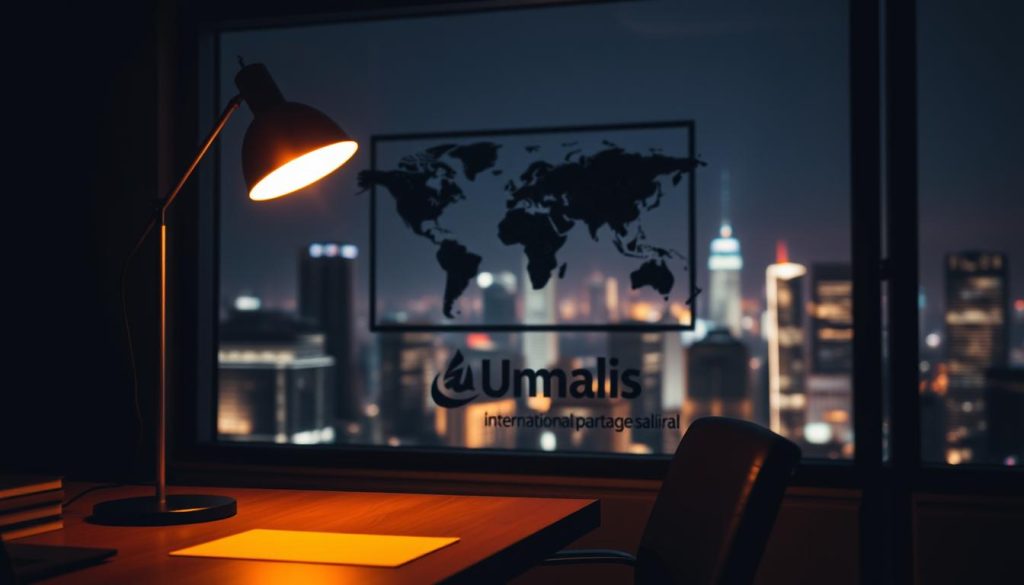 A dimly lit office interior, with a desk and chair in the foreground, illuminated by the warm glow of a desk lamp. In the middle ground, a world map hangs on the wall, highlighting international locations. The background features a window overlooking a bustling city skyline, blurred and hazy, evoking a sense of global connectivity. The Umalis Group logo is prominently displayed on the desk, reinforcing the international nature of the "portage salarial" service. An atmosphere of professionalism and sophistication pervades the scene.