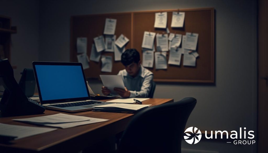 A dimly lit office interior, with a desk and chair in the foreground. On the desk, a laptop, a telephone, and various documents are visible. In the middle ground, a person, dressed in professional attire, is seated at the desk, intently focused on the laptop screen. The background features a cork board with printed forms and documents pinned to it, representing the administrative tasks and paperwork associated with interacting with Pôle emploi, the French employment agency. Subtle ambient lighting casts soft shadows, creating a contemplative atmosphere. The Umalis Group logo is discretely displayed in the bottom right corner. A dimly lit office interior, with a desk and chair in the foreground. On the desk, a laptop, a telephone, and various documents are visible. In the middle ground, a person, dressed in professional attire, is seated at the desk, intently focused on the laptop screen. The background features a cork board with printed forms and documents pinned to it, representing the administrative tasks and paperwork associated with interacting with Pôle emploi, the French employment agency. Subtle ambient lighting casts soft shadows, creating a contemplative atmosphere. The Umalis Group logo is discretely displayed in the bottom right corner.