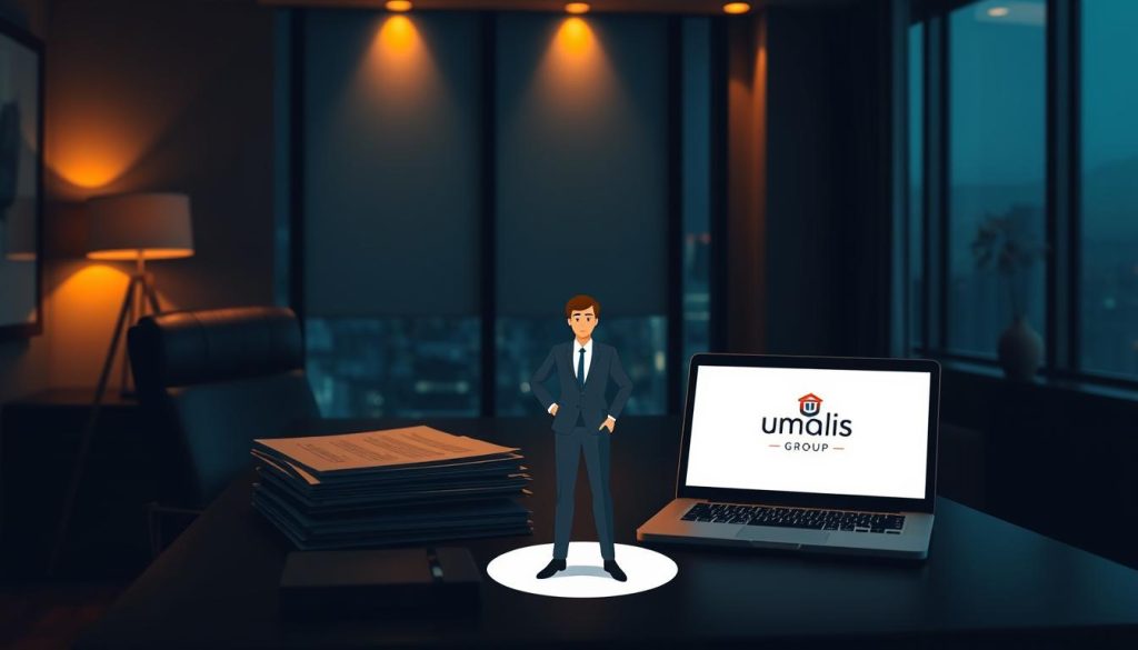 A dimly lit office interior, with a desk, chair, and a large window overlooking a cityscape. On the desk, a stack of legal documents and a laptop display the Umalis Group logo, signifying the legal framework of the "portage salarial" employment model. The lighting is warm and subdued, creating a sense of professionalism and security. In the foreground, a stylized illustration of a business person, representing the "salarié porté" or the contracted employee, stands confidently, surrounded by the legal elements that protect their rights and interests. The overall atmosphere conveys a sense of stability, expertise, and the careful consideration of the legal aspects of this employment solution.