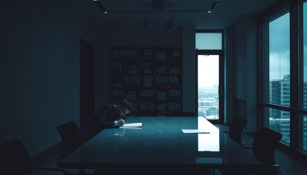 A dimly-lit office interior, with a modern, minimalist aesthetic. In the foreground, a businessperson sits at a sleek, glass-topped desk, contemplating documents. Soft, directional lighting casts gentle shadows, creating a pensive atmosphere. The middle ground features a tall bookshelf filled with neatly organized binders and files, hinting at the complexities of the Portage Salarial employment model. In the background, a large window overlooks a cityscape, suggesting the broader economic and legal context. The overall mood is one of thoughtful consideration, as the viewer is invited to explore the nuances and misconceptions surrounding this unique French employment system.