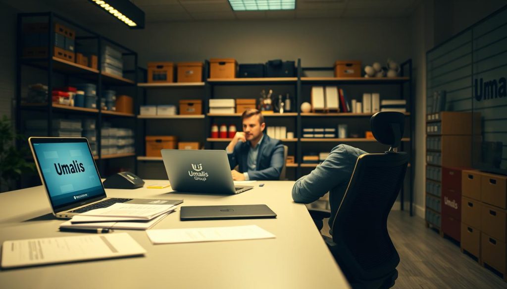 A dimly lit office interior, with a sleek, modern desk and an ergonomic chair in the foreground. On the desk, various documents and a laptop display the "Umalis Group" brand. In the middle ground, a professional-looking individual sits at the desk, deep in thought, representing the concept of "portage salarial" for logistics careers. The background features shelves filled with organizational tools and supplies, creating a sense of a productive and efficient workspace. The lighting is warm and inviting, conveying a mood of focused professionalism and collaborative energy.