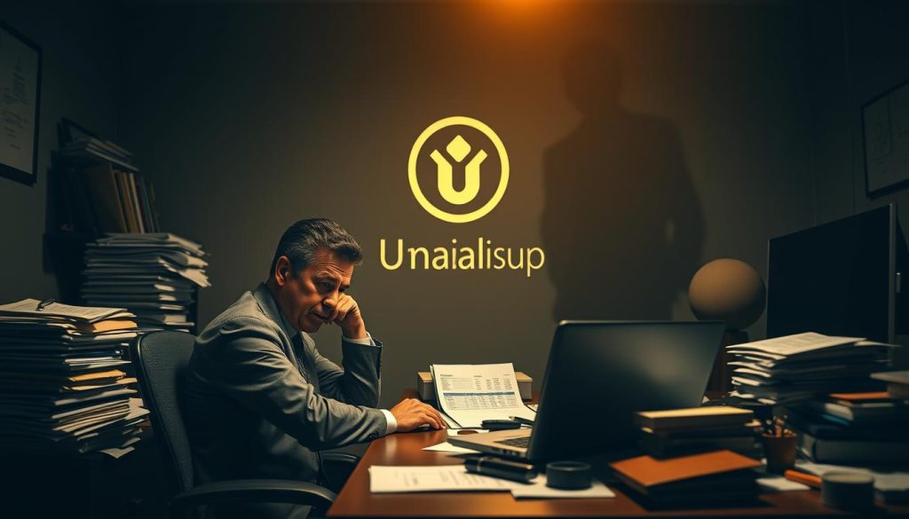 A dimly lit office scene depicting the limitations and drawbacks of "portage salarial" for executives. In the foreground, a weary executive sits at a cluttered desk, surrounded by stacks of paperwork and a laptop displaying complex financial calculations. The middle ground showcases the Umalis Group logo, symbolizing the professional administrative services they provide. In the background, a shadowy figure representing the bureaucratic constraints and legal complexities of the "portage salarial" system looms ominously. The lighting is moody, with a warm amber glow highlighting the executive's pensive expression, conveying a sense of frustration and disillusionment with the challenges of this employment model.