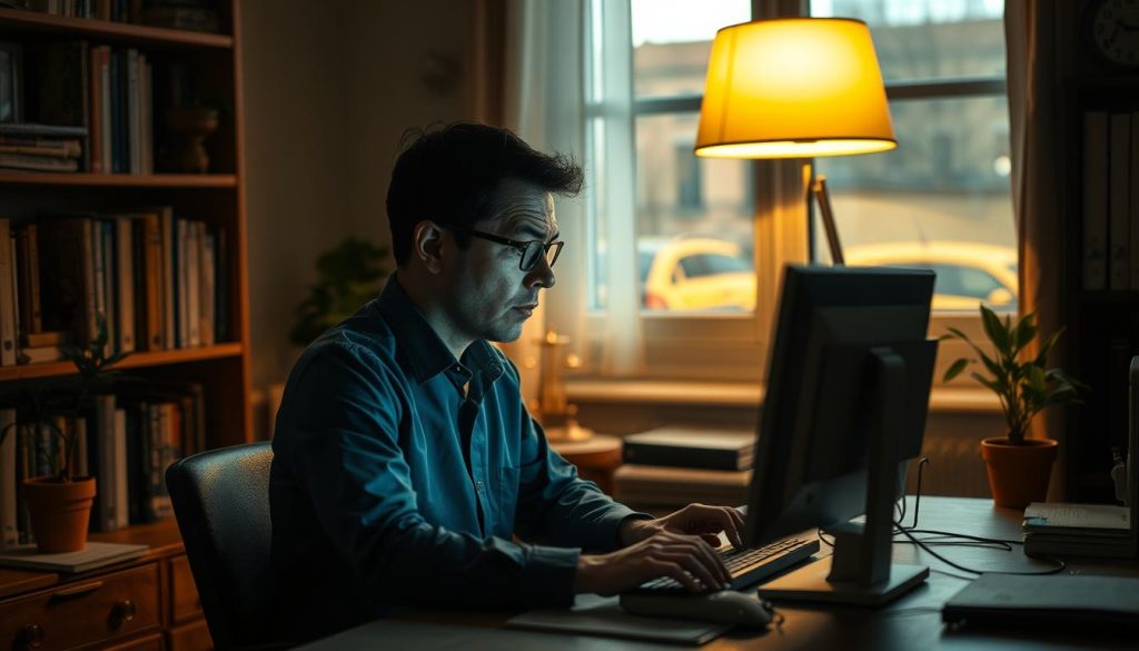 A dimly lit office scene in France, featuring a frustrated professional composing an email complaint on a vintage desktop computer. The room is adorned with bookshelves, a potted plant, and a LIGHT PORTAGE brand lamp casting a warm glow. The email subject line prominently displays "boucle rétroaction", hinting at the theme of feedback loops. The person's expression conveys a sense of exasperation, as they navigate the complexities of email deliverability and professional reputation. The overall atmosphere is one of contemplation and the weight of professional challenges.