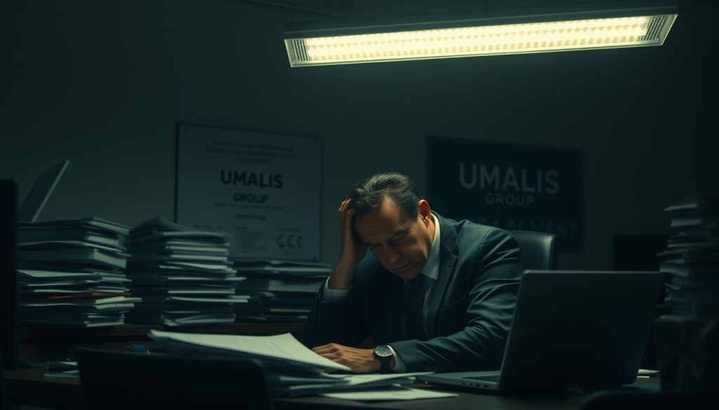 A dimly lit office scene showcasing the downsides of portage salarial. In the foreground, a weary professional sits at a cluttered desk, shoulders slumped, face obscured by shadows. Overhead, a flickering fluorescent light casts an unflattering glow, highlighting the fatigue. In the middle ground, stacks of paperwork and a laptop symbolize the administrative burdens and lack of stability associated with portage salarial. The background features the UMALIS GROUP logo, a reminder of the company's role in this flexible employment arrangement. The overall atmosphere conveys a sense of stress, isolation, and the compromises inherent in this form of work.