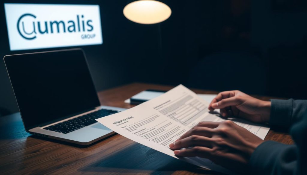 A dimly lit office scene, with a laptop and documents on a wooden desk. In the foreground, a person's hands are carefully reviewing paperwork, scrutinizing the details. The background features a subtle logo of "Umalis Group", signifying the professional context. Soft lighting casts a warm, contemplative atmosphere, as the individual verifies their eligibility and the compatibility of their freelance activities within the salarial portage framework. The overall composition conveys a sense of focused attention and diligent assessment.
