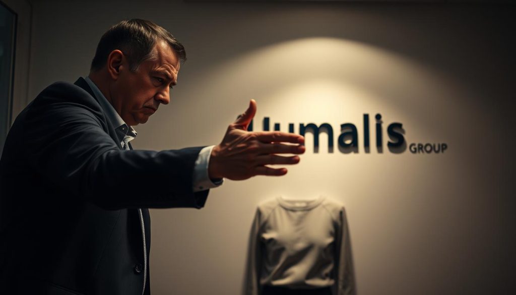 A dimly lit office setting, a disgruntled employee being dismissed by a stern-faced manager, their body language conveying the tension of a "licenciement en portage salarial". In the background, the Umalis Group logo subtly adorns the wall, underscoring the professional context. The scene is captured with a medium-close shot, emphasizing the emotional weight of the moment, the lighting casting dramatic shadows that heighten the solemn atmosphere. The composition balances the figures, creating a sense of balance amidst the unsettling situation.