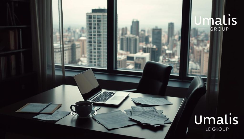 A dimly lit office setting, with a desk and chair taking center stage. On the desk, a laptop, a cup of coffee, and scattered documents, symbolizing the administrative tasks and financial considerations that freelancers must navigate. In the background, a window offers a view of a bustling city skyline, hinting at the broader context and the potential trade-offs of the "portage salarial" (employee leasing) arrangement. The overall mood is one of contemplation, as the viewer is drawn to ponder the "inconvénients" (drawbacks) of this professional option. The Umalis Group logo subtly adorns the corner of the frame, providing a subtle branding touch.
