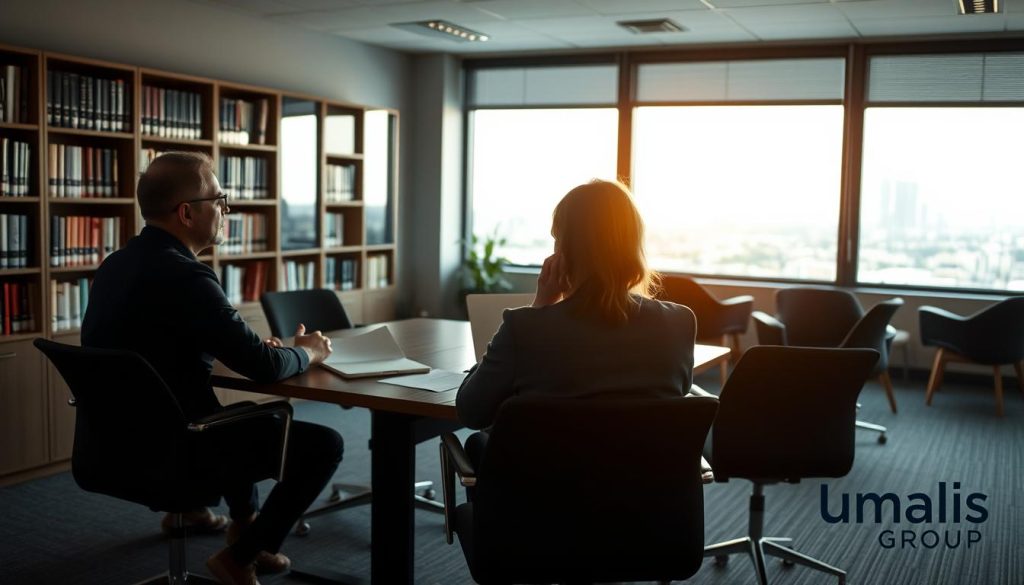 A dimly lit office setting, with a desk and chairs arranged for a small group discussion. On the desk, a laptop and some documents labeled "Cas pratiques portage salarial formateur" are visible. In the foreground, two people, presumably a consultant and a client, are engaged in a conversation, their expressions conveying thoughtfulness and understanding. The background features shelves filled with books and a window overlooking a city skyline, creating a sense of professionalism and expertise. The overall scene is captured with a warm, natural lighting, using a medium-wide lens to emphasize the interaction between the individuals. The Umalis Group logo is discreetly displayed in the corner of the image. A dimly lit office setting, with a desk and chairs arranged for a small group discussion. On the desk, a laptop and some documents labeled "Cas pratiques portage salarial formateur" are visible. In the foreground, two people, presumably a consultant and a client, are engaged in a conversation, their expressions conveying thoughtfulness and understanding. The background features shelves filled with books and a window overlooking a city skyline, creating a sense of professionalism and expertise. The overall scene is captured with a warm, natural lighting, using a medium-wide lens to emphasize the interaction between the individuals. The Umalis Group logo is discreetly displayed in the corner of the image.