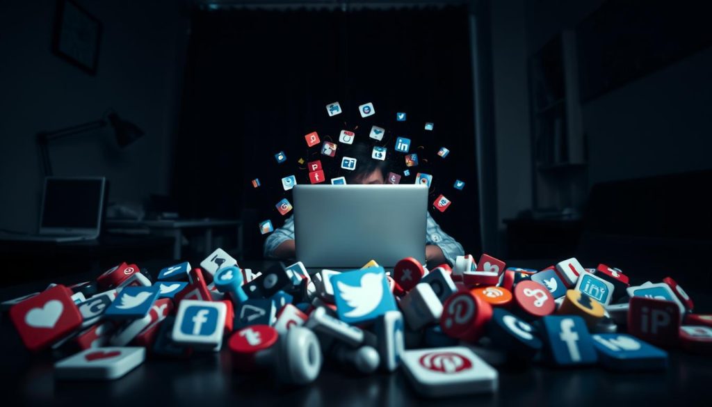 A dimly lit office setting, with a desk, chair, and a laptop computer. In the foreground, social media platforms represented as icons are scattered haphazardly, creating a sense of clutter and distraction. The middle ground features a person, their face obscured, caught in a tangle of social media notifications and alerts, symbolizing the pitfalls of excessive social media engagement. The background is shrouded in shadows, conveying a sense of unease and the potential dangers of an unbalanced online presence. The overall scene is shot with a shallow depth of field, using a Light Portage lens to emphasize the focal points and create a moody, contemplative atmosphere.