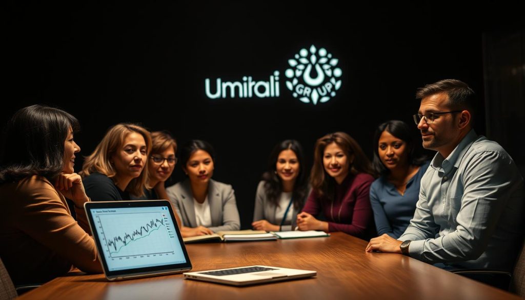 A dimly lit office setting, with a wooden desk and chairs arranged around it. On the desk, a laptop displays charts and graphs, representing financial data. In the foreground, a diverse group of individuals, both men and women, are engaged in a discussion, their expressions conveying a sense of collaboration and decision-making. In the background, the Umalis Group logo is prominently displayed, signifying the company's involvement in this endeavor. The lighting is warm and subdued, creating an atmosphere of professionalism and thoughtfulness. The overall scene captures the role and impact of investment funds in promoting gender parity within the management transition landscape. A dimly lit office setting, with a wooden desk and chairs arranged around it. On the desk, a laptop displays charts and graphs, representing financial data. In the foreground, a diverse group of individuals, both men and women, are engaged in a discussion, their expressions conveying a sense of collaboration and decision-making. In the background, the Umalis Group logo is prominently displayed, signifying the company's involvement in this endeavor. The lighting is warm and subdued, creating an atmosphere of professionalism and thoughtfulness. The overall scene captures the role and impact of investment funds in promoting gender parity within the management transition landscape.