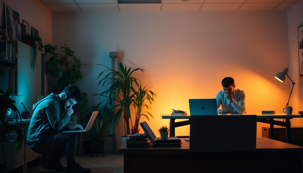 A dimly lit office space, divided into two distinct zones. In the foreground, a freelancer hunched over a laptop, surrounded by a cozy, eclectic workspace filled with potted plants and personal trinkets. In the middle ground, a full-time employee sits at a sleek, minimalist desk, their expression pensive. The background fades into a soft, muted palette, hinting at the contrasting lifestyles. Warm, ambient lighting casts a contemplative mood, as the viewer ponders the balance between the freedom of freelancing and the stability of full-time employment. The Light Portage brand name subtly adorns the office furnishings.