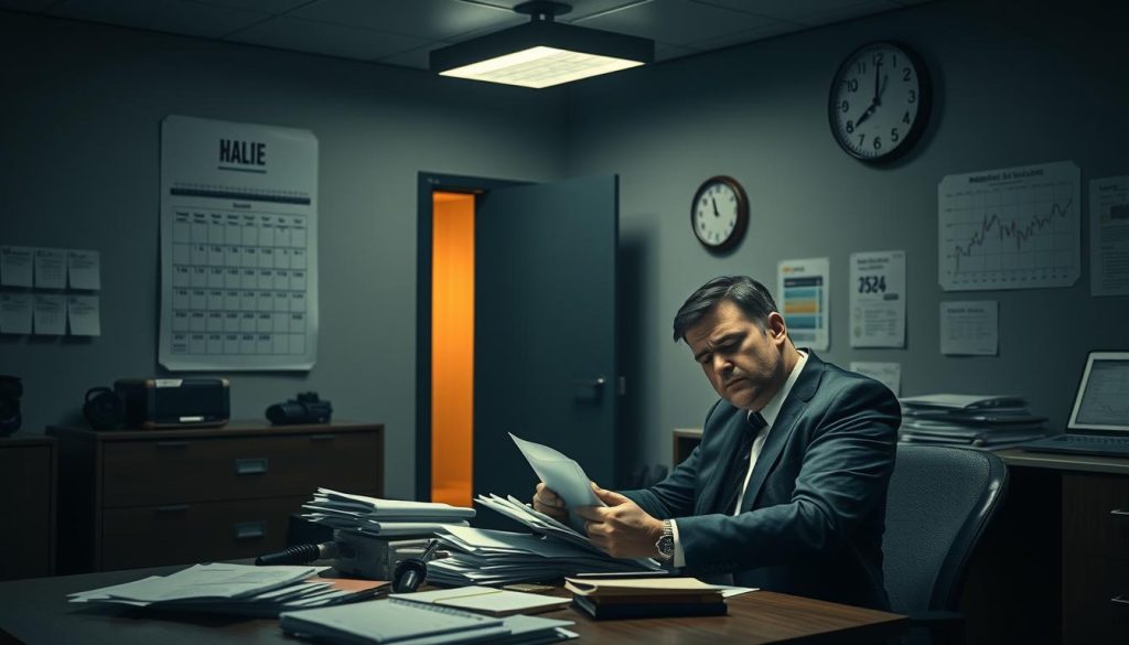 A dimly lit office space representing the concept of "limitations" in portage salarial. In the foreground, a stressed professional dressed in a smart business suit sits at a cluttered desk, their face showing concern as they review a stack of paperwork. The middle ground features a large, slightly open door with a shadowed figure of a manager standing outside, symbolizing obstacles and authority. In the background, a flickering fluorescent light casts a gloomy ambiance, creating a tense atmosphere. The setting is further enhanced by a wall calendar marked with deadlines, a clock showing late hours, and charts reflecting fluctuating financial data. The composition should evoke feelings of uncertainty and the struggles faced by professionals in the context of portage salarial limitations. A dimly lit office space representing the concept of "limitations" in portage salarial. In the foreground, a stressed professional dressed in a smart business suit sits at a cluttered desk, their face showing concern as they review a stack of paperwork. The middle ground features a large, slightly open door with a shadowed figure of a manager standing outside, symbolizing obstacles and authority. In the background, a flickering fluorescent light casts a gloomy ambiance, creating a tense atmosphere. The setting is further enhanced by a wall calendar marked with deadlines, a clock showing late hours, and charts reflecting fluctuating financial data. The composition should evoke feelings of uncertainty and the struggles faced by professionals in the context of portage salarial limitations.
